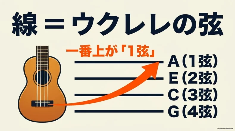 ウクレレTAB譜の4本線を上からAの1弦、Eの2弦、Cの3弦、Gの4弦として示した対応図