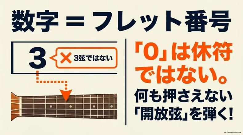 TAB譜の数字がフレット番号を表し、0は休符ではなく何も押さえない開放弦を弾くことを示す図