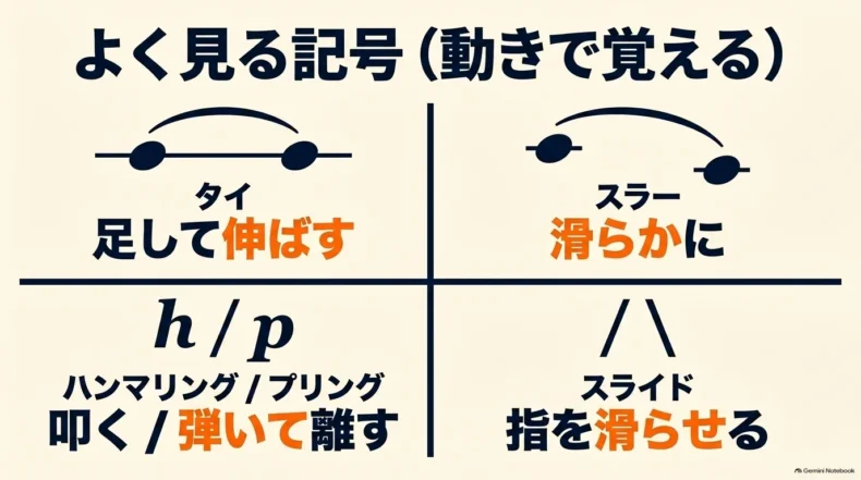 タイは音を足して伸ばし、スラーは滑らかにつなぎ、h・pや斜線は弦楽器の奏法を示す説明図