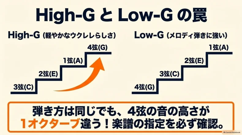 High-GとLow-Gの弦の音高順を比較し、4弦Gの高さが1オクターブ異なることを示した図