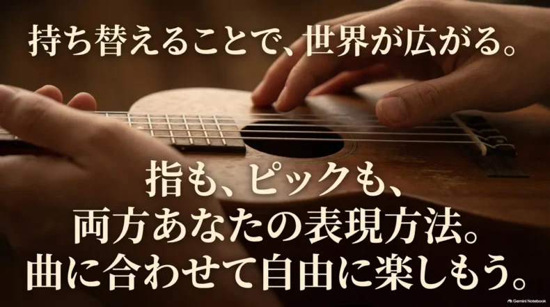 ウクレレを指とピックで弾く手元と、両方を曲に合わせて自由に使い分けるというメッセージ