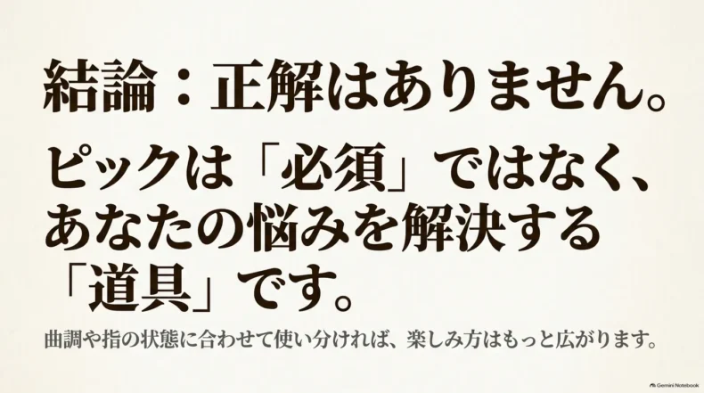 ピックは必須ではなく、曲調や指の状態に合わせて使い分ける道具だと説明している