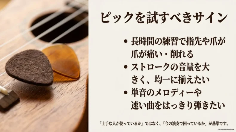 指先や爪の痛み、音量のばらつき、速い演奏や明確な単音が必要な場面をピック使用の目安として示す