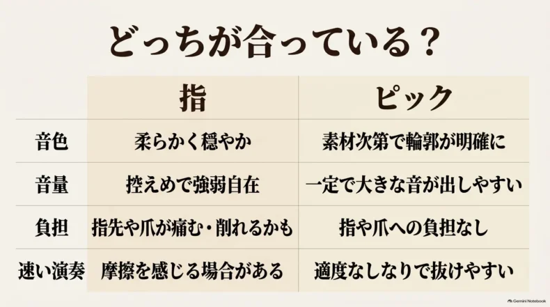 指とピックを音色、音量、指や爪への負担、速い演奏のしやすさの4項目で比較している