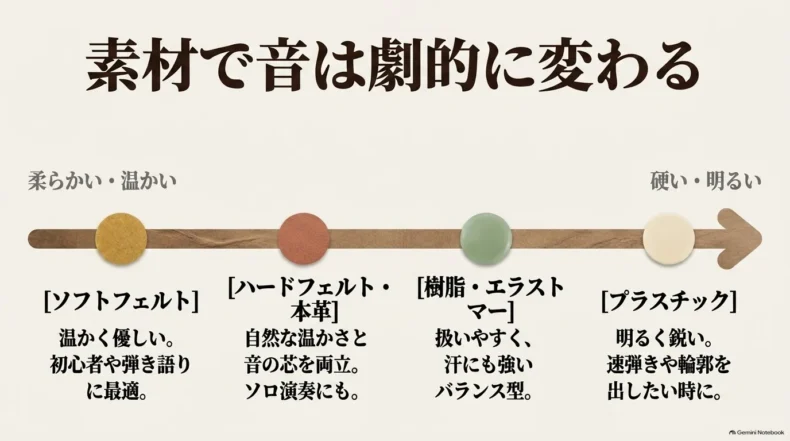 ソフトフェルト、本革やハードフェルト、樹脂、プラスチックを柔らかい音から明るい音の順に示す