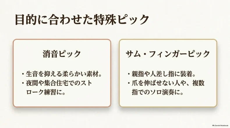 消音ピックは生音を抑える練習用、サム・フィンガーピックは指に装着して複数指のソロ演奏に使うと示す