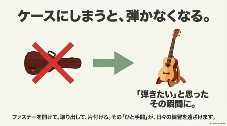 ケースから出す手間を減らしウクレレをすぐ弾ける状態にする流れ