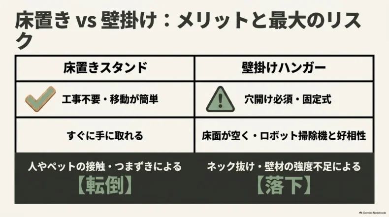 床置きスタンドの転倒と壁掛けハンガーの落下リスクの比較
