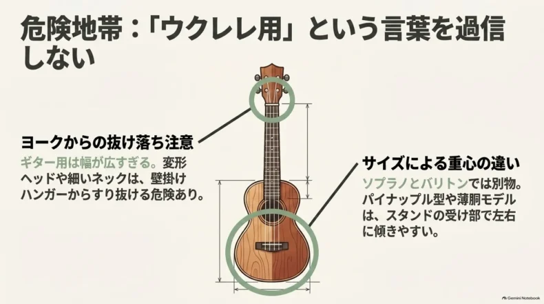 ヨークからの抜け落ちとウクレレのサイズによる重心の違い