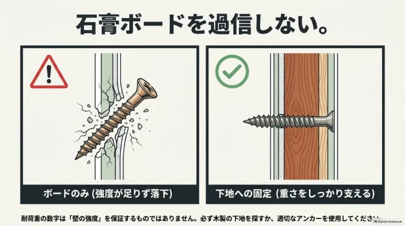 石膏ボードだけの固定と木製下地へのネジ固定の強度の違い