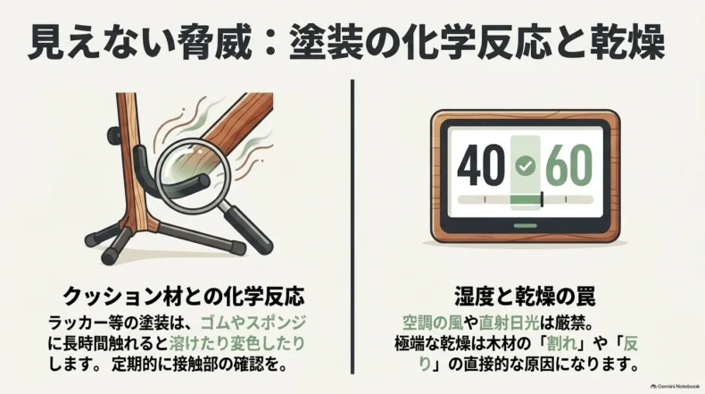 クッション材と塗装の化学反応、湿度40〜60%と乾燥への注意