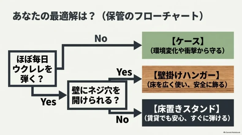 演奏頻度と壁へのネジ穴の可否から保管方法を選ぶフローチャート