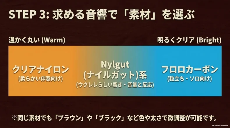 温かく丸いクリアナイロンからNylgut系、明るくクリアなフロロカーボンまでの音響傾向