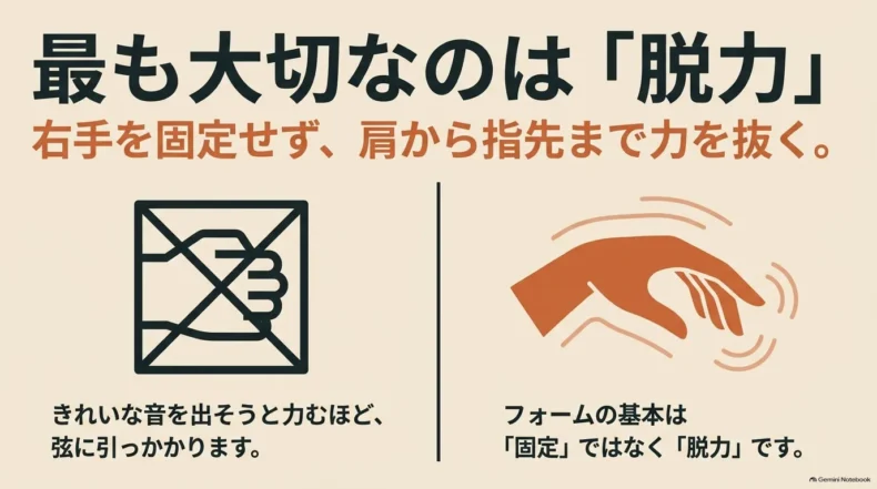 右手を固定せず肩から指先まで力を抜き、脱力した手を動かすフォームの基本を示した比較