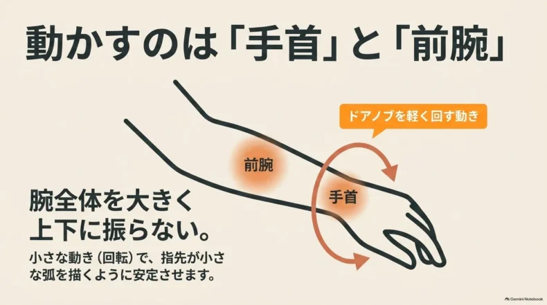 腕全体を大きく上下させず、手首と前腕を小さく回転させて指先に小さな弧を描かせる動き