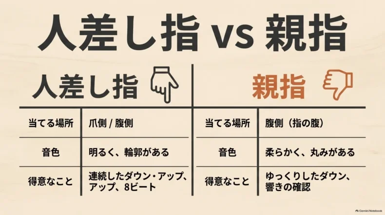 人差し指は爪側や腹側で明るい音、親指は腹側で柔らかい音を出す特徴と得意な弾き方の比較