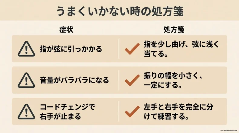 指の引っかかり、音量のばらつき、コードチェンジで右手が止まる症状と、それぞれの改善方法