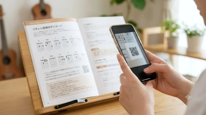 譜面台に開いたウクレレ教本のQRコードを、スマートフォンで読み取って動画教材を開く手元