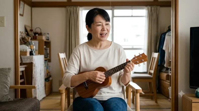 明るい自宅の椅子に座り、笑顔でウクレレを弾きながら弾き語りを楽しむ女性