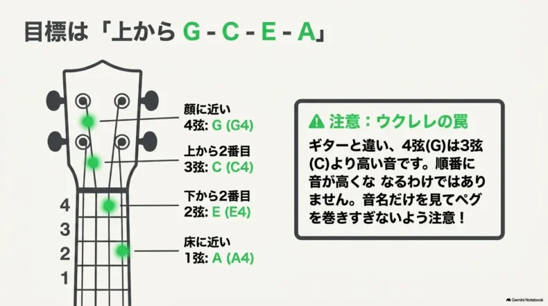 標準High-Gのウクレレを上から4弦G4、3弦C4、2弦E4、1弦A4に合わせる位置関係と注意点