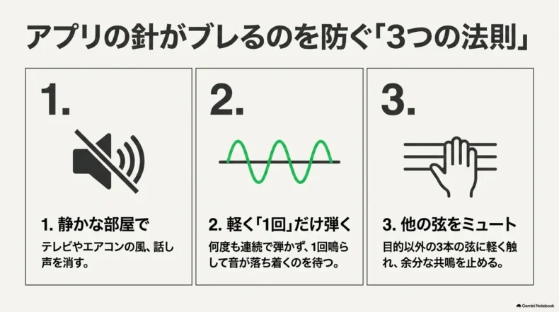 アプリの表示を安定させるため、静かな部屋で軽く1回だけ弾き、ほかの3本の弦をミュートする3つの方法
