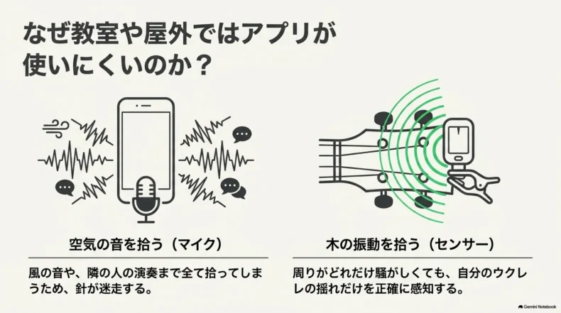 周囲の音も拾うスマートフォンのマイクと、ウクレレ本体の振動を拾うクリップ式センサーの違い