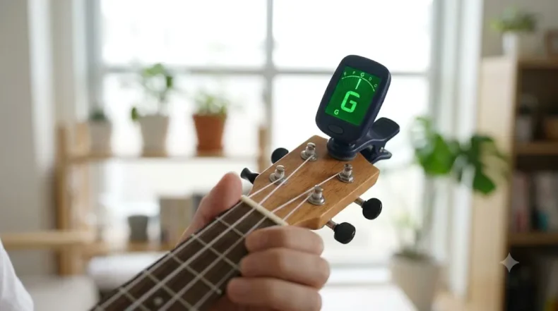ウクレレのヘッドに取り付けたチューナーが、4弦の目標音Gを表示している様子