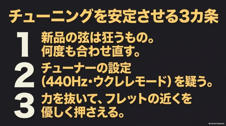 新品弦は何度も合わせ直し、チューナーの440Hzとウクレレモードを確認し、軽い力で押弦する3つの要点
