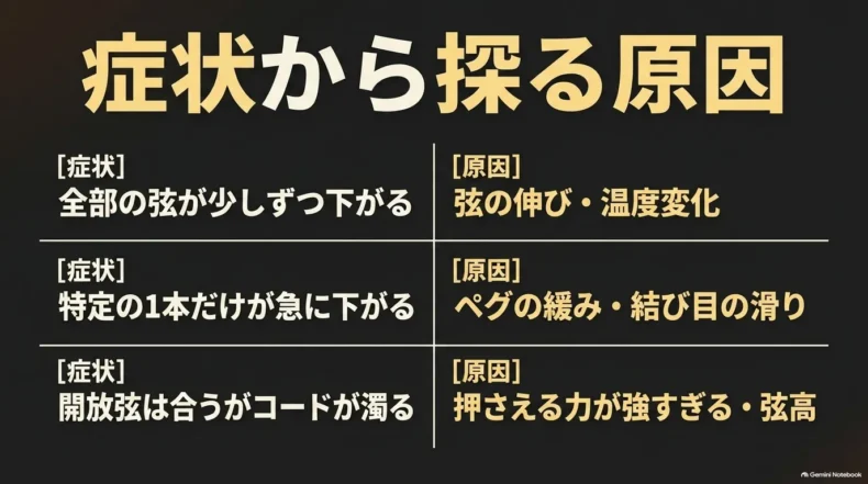 全弦が下がる、1本だけ下がる、コードが濁る症状と、弦の伸びやペグ、弦高などの原因