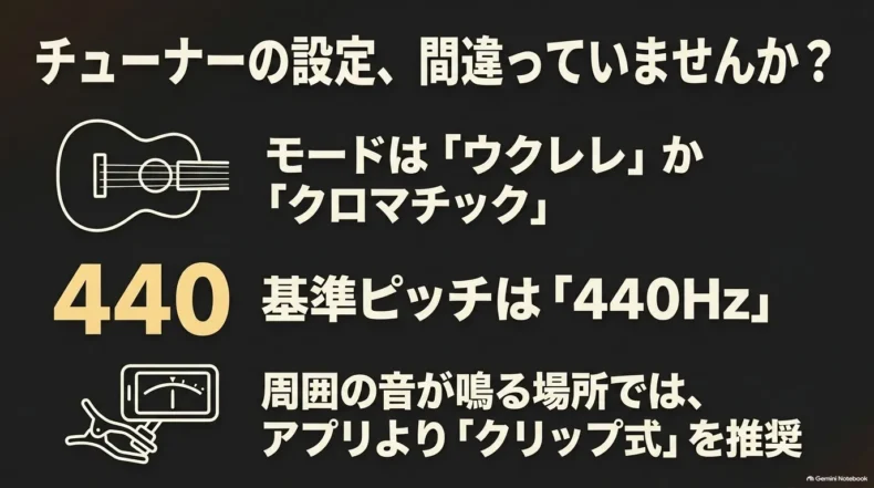 チューナーはウクレレまたはクロマチックモード、基準ピッチ440Hzに設定し、騒音時はクリップ式を使う説明