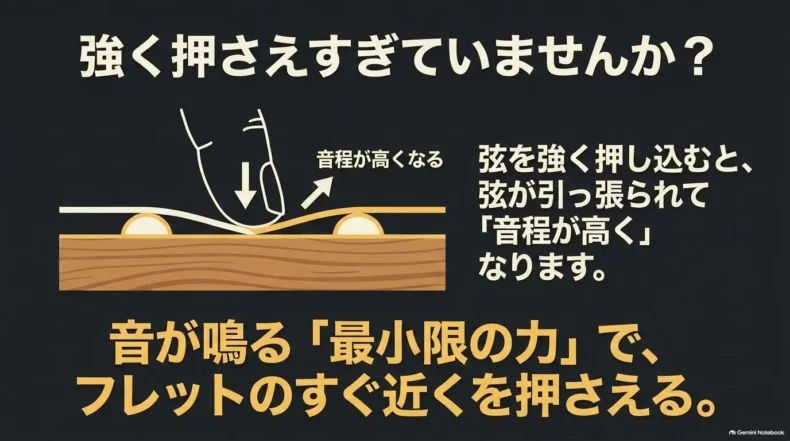 弦を強く押し込むと引っ張られて音程が高くなるため、フレットの近くを最小限の力で押さえる説明