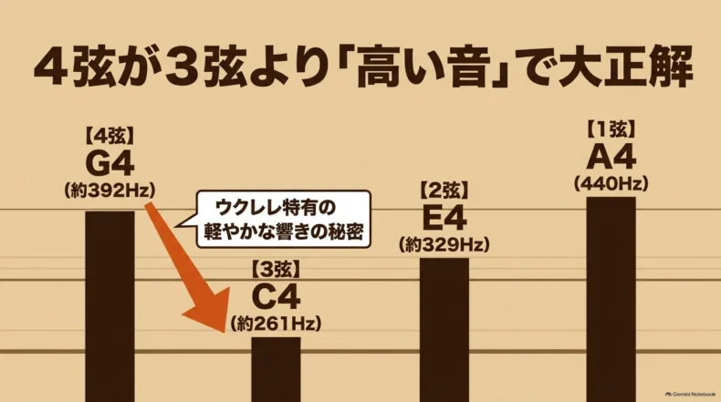 High Gの4弦G4約392Hz、3弦C4約261Hz、2弦E4約329Hz、1弦A4 440Hzの高さを比較