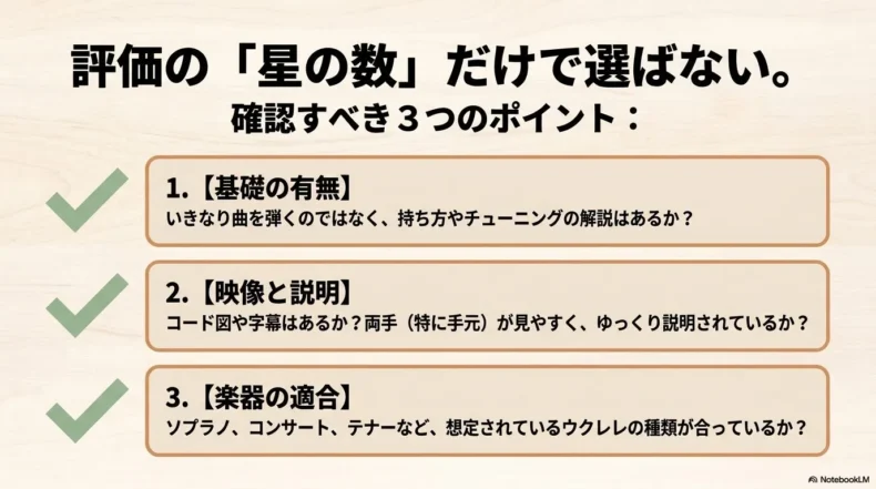 ウクレレ講座を選ぶ際に基礎内容、手元映像と説明、使用楽器を確認する3つのポイント