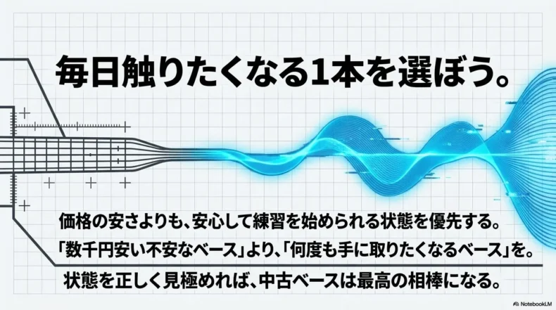 価格の安さだけでなく安心して練習でき何度も手に取りたくなる中古ベースを選ぶことを伝えるスライド
