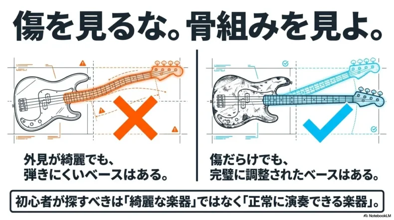 外観の傷より正常に演奏できる状態を優先して中古ベースを選ぶことを説明したスライド
