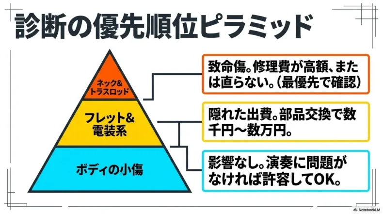 ネックとトラスロッド、フレットと電装系、ボディの小傷の順に中古ベースを確認する優先順位