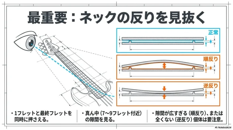 1フレットと最終フレットを押さえて正常、順反り、逆反りを確認する方法を示したスライド