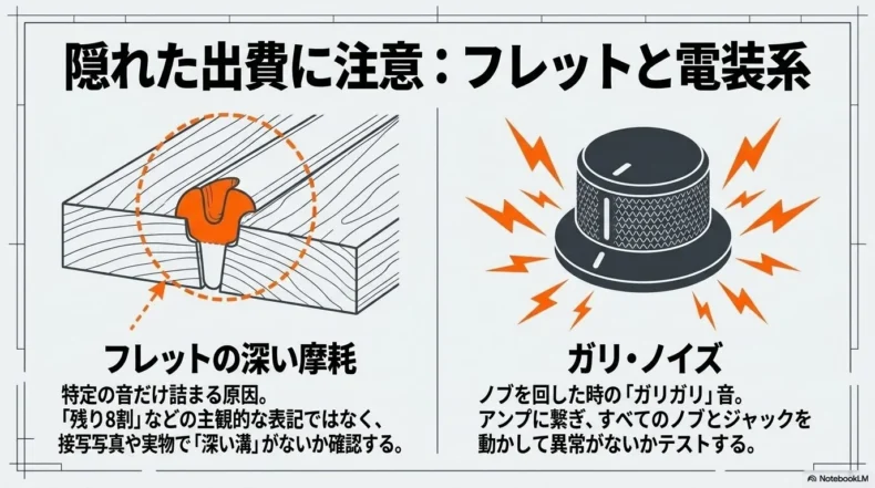 中古ベースのフレットにある深い摩耗とノブのガリやノイズを確認するポイント