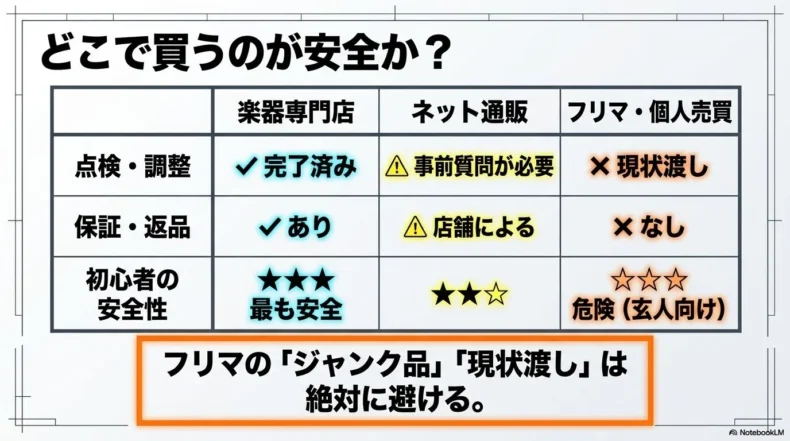 楽器専門店、ネット通販、フリマや個人売買の点検、保証、初心者の安全性を比較した表
