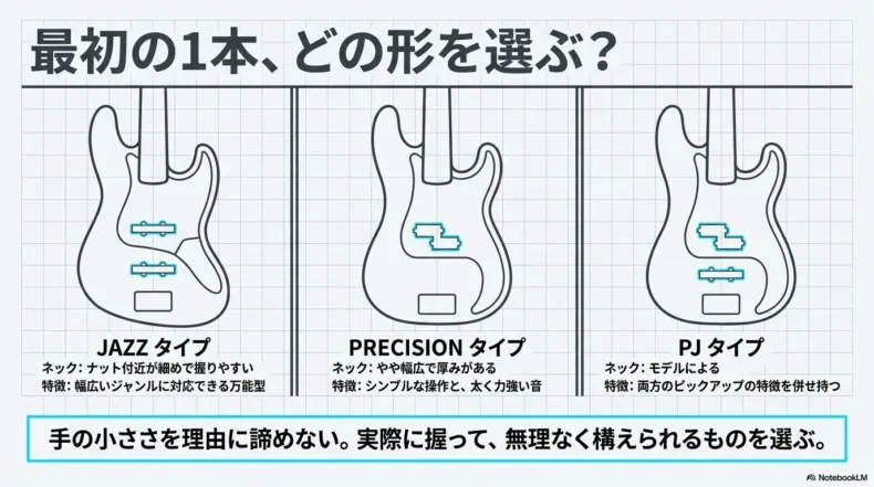ジャズベース、プレシジョンベース、PJタイプの特徴を比較した初心者向けスライド
