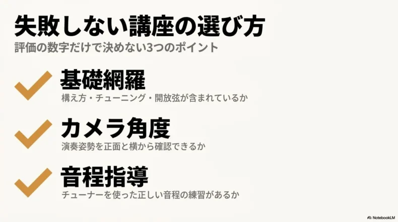 基礎内容、カメラ角度、音程指導を確認してバイオリン動画講座を選ぶポイン