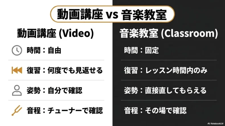 学習時間、復習、姿勢、音程の確認方法で動画講座とバイオリン教室を比較