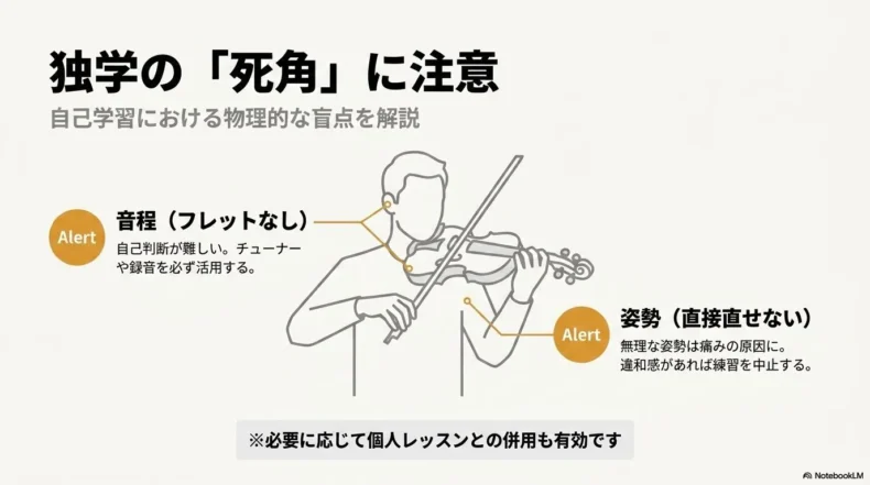 フレットのないバイオリンの音程と直接修正してもらえない姿勢に注意するポイント