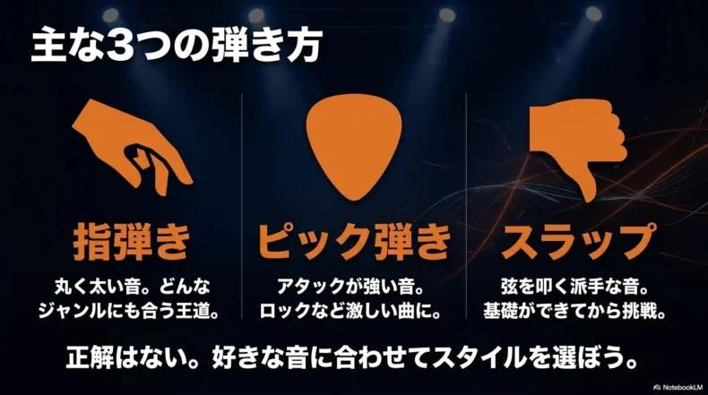 エレキベースの指弾きとピック弾き