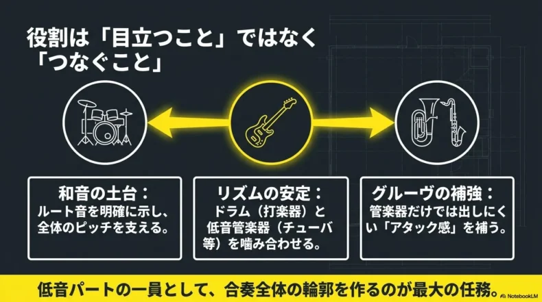 吹奏楽でエレキベースが和音の土台、リズムの安定、管楽器のアタック補強を担う役割図