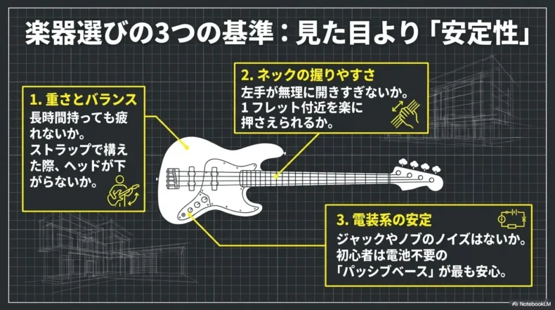 吹奏楽用ベース選びで確認する重さとバランス、ネックの握りやすさ、電装系の安定性
