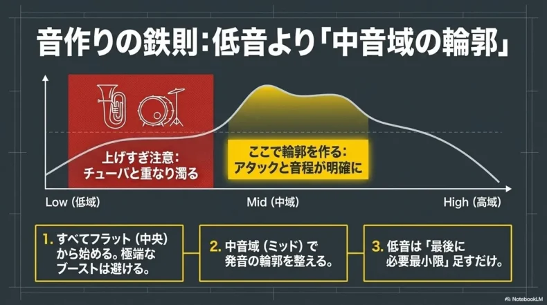 低域を上げすぎず、中音域でアタックと音程の輪郭を作るEQ調整の3手順