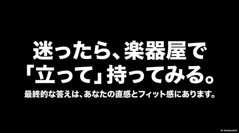 迷ったときは楽器店で立って持ち、直感とフィット感を確かめるという選び方