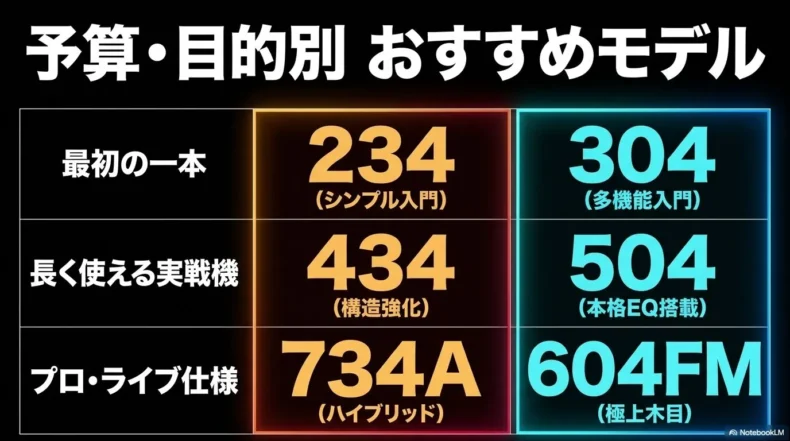 用途別の推奨モデルとしてBB234・434・734AとTRBX304・504・604FMを示す表