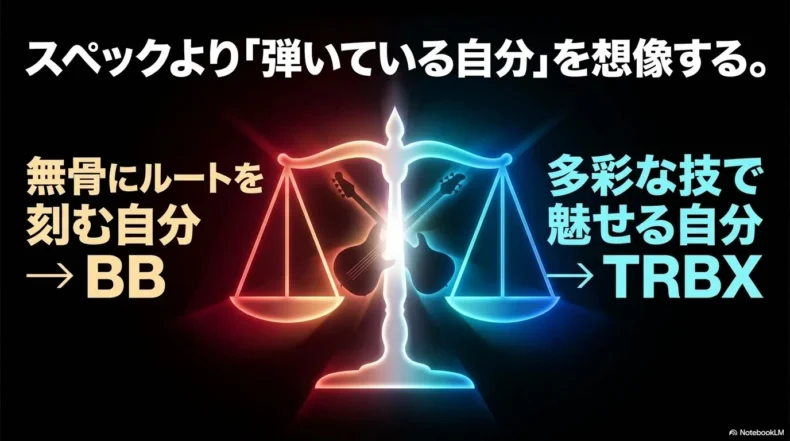 王道のルートを刻むBBと多彩な技で魅せるTRBXを演奏スタイルで比較する図